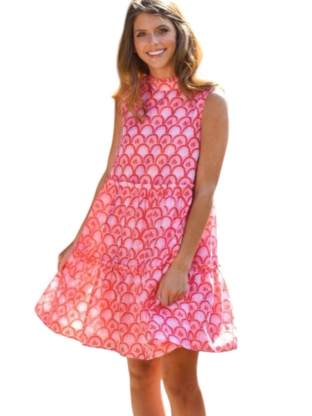 NWT J. Marie Scarlette Ruffle Neck Tiered Mini Dress In Pink & Coral - S
